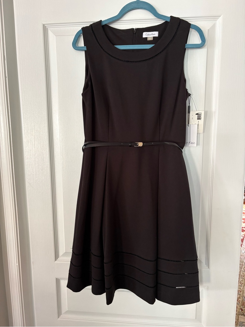 Calvin Klein Black Sleeveless Fit-and-Flare Dress with Slim Belt